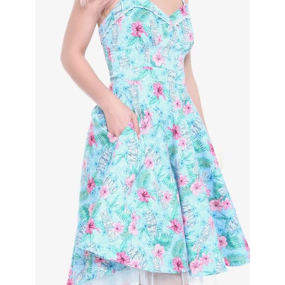 Hot Topic Tiki Blue Floral Swing Dress Small Summer Hawaiian Themed Retro 1950s - Picture 3 of 9